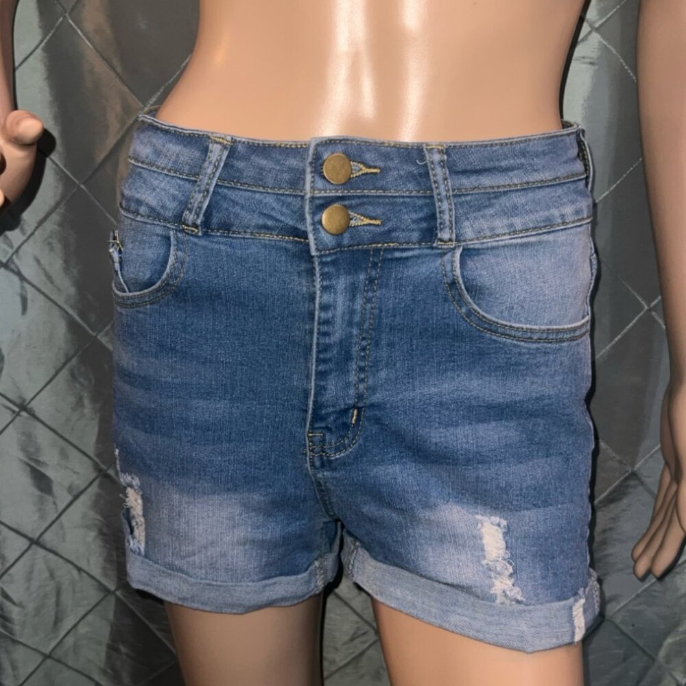 HOLYWIM Ripped Womens Jean Shorts High Waist Knee length Sz. S‎